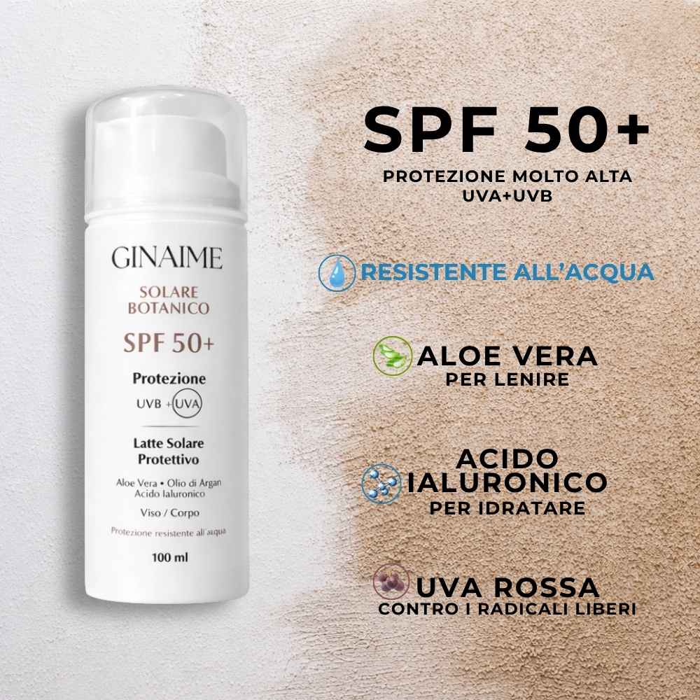 Solare Botanico SPF 50+ Latte Protettivo Viso e Corpo – Aloe Vera, Olio di Argan e Acido Ialuronico | 100 ml